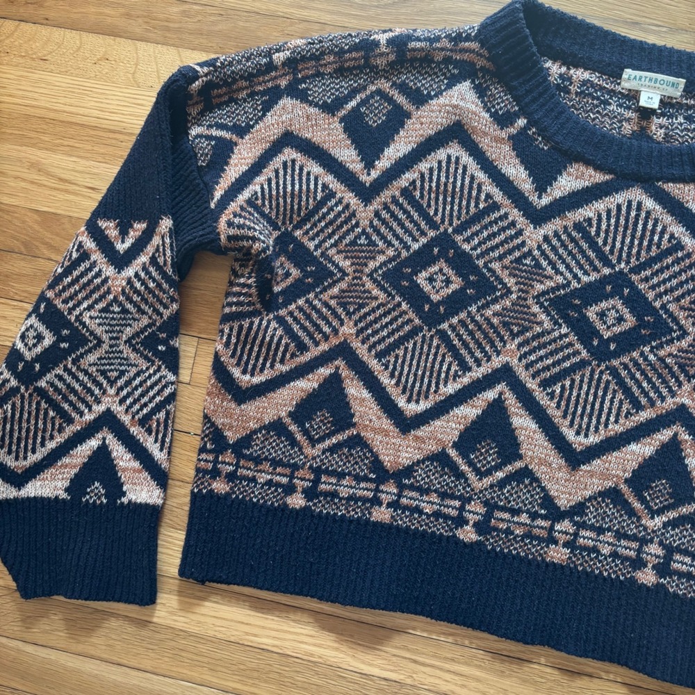 Earthbound Geometric Cropped Sweater Ballon Sleeve M Cottagecore Boho Navy Blue